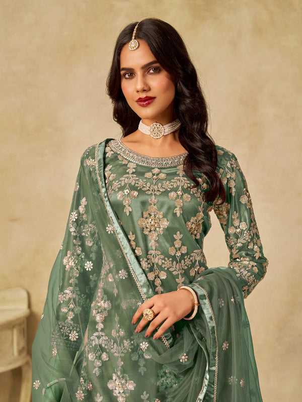 Divine Peach Color Net Fabric Plazzo Suit