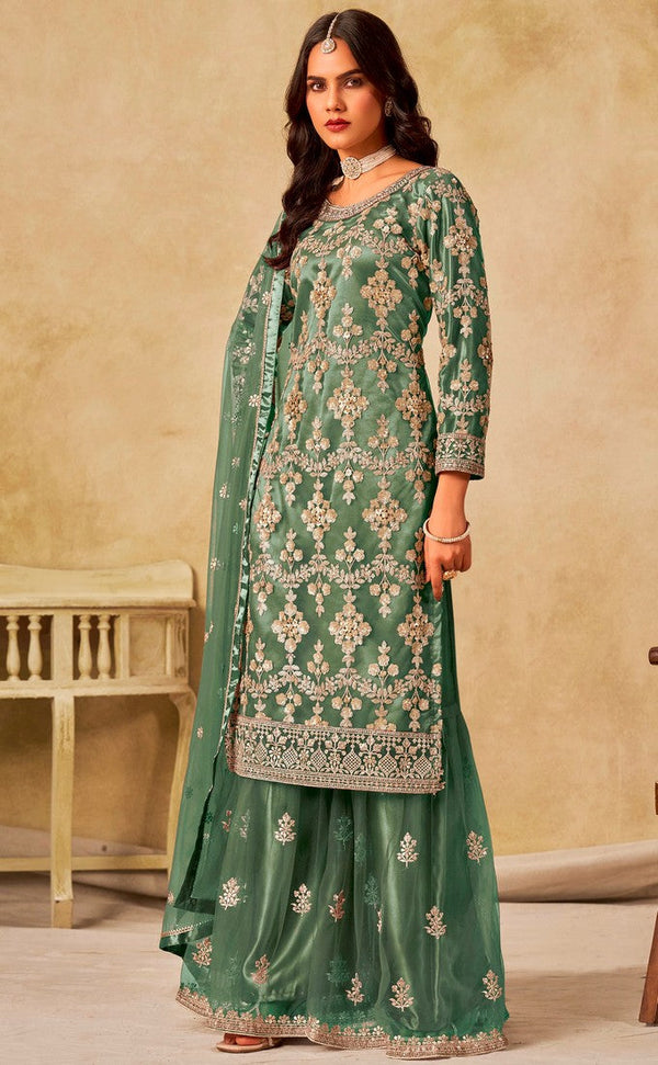 Divine Peach Color Net Fabric Plazzo Suit