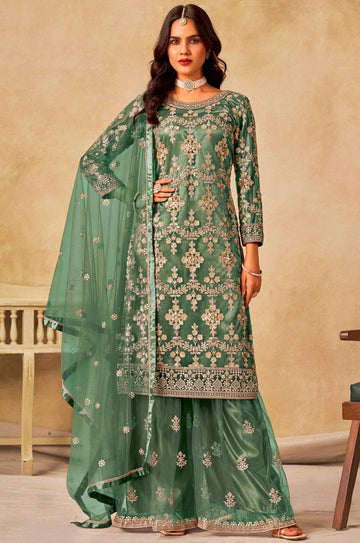 Divine Peach Color Net Fabric Plazzo Suit