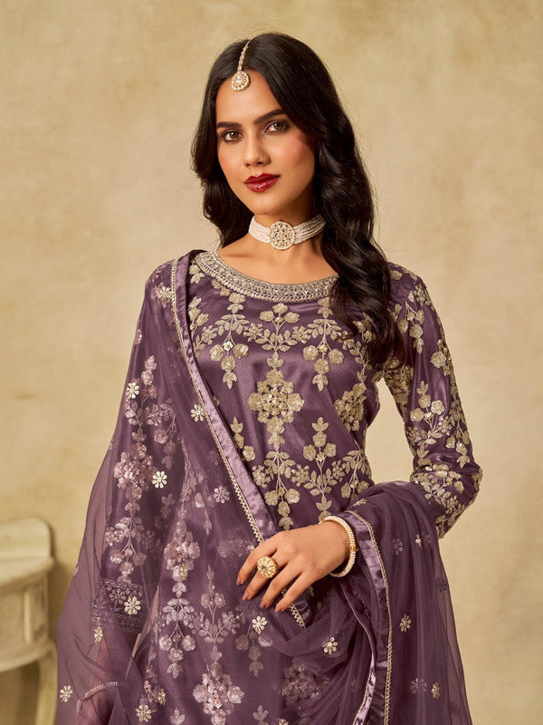 Divine Purple Color Net Fabric Plazzo Suit