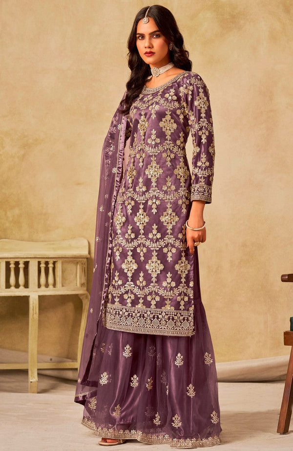 Divine Purple Color Net Fabric Plazzo Suit