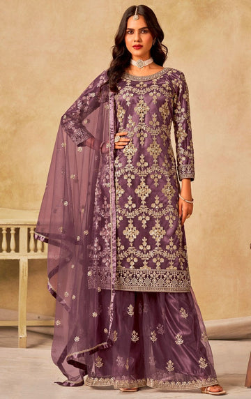 Divine Purple Color Net Fabric Plazzo Suit