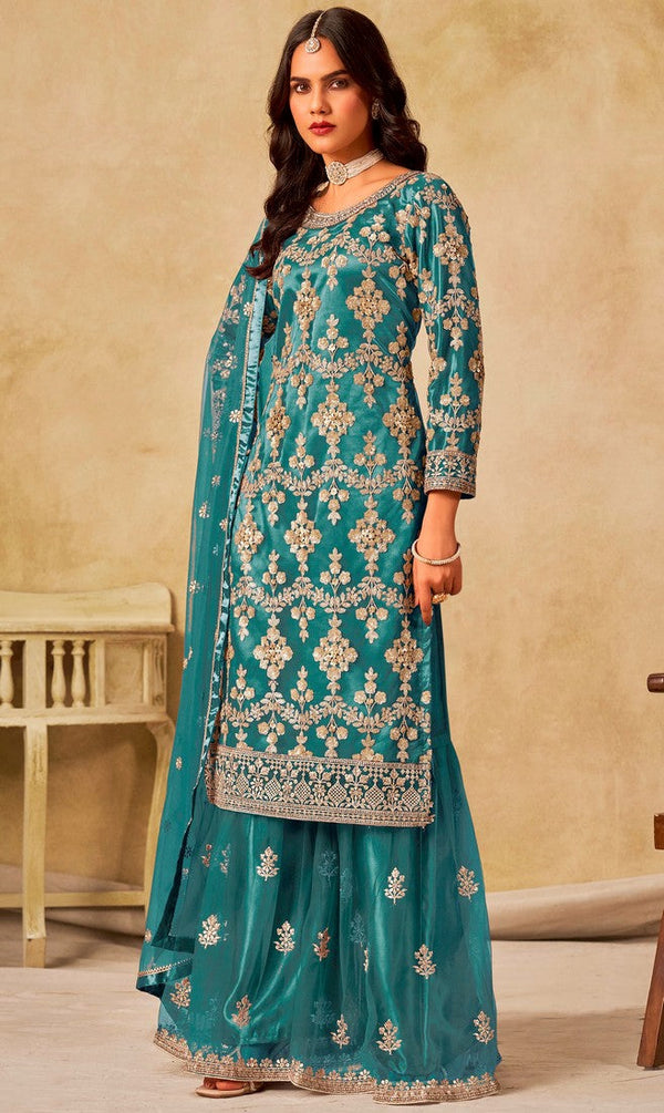 Divine Turquoise Color Net Fabric Plazzo Suit