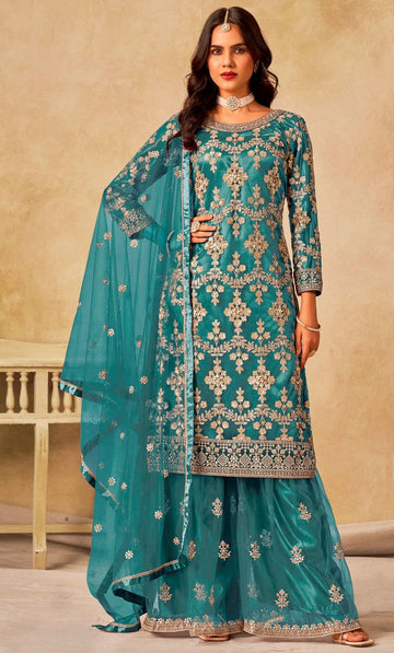 Divine Turquoise Color Net Fabric Plazzo Suit