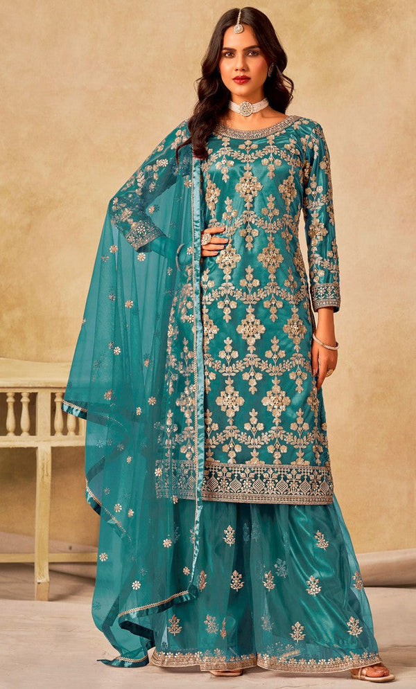 Divine Turquoise Color Net Fabric Plazzo Suit
