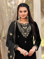 Tasteful Black Color Velvet Fabric Designer Suit