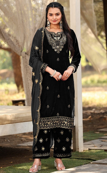 Tasteful Black Color Velvet Fabric Designer Suit