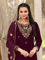 Tasteful Wine Color Velvet Fabric Designer Suit