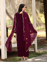 Tasteful Wine Color Velvet Fabric Designer Suit