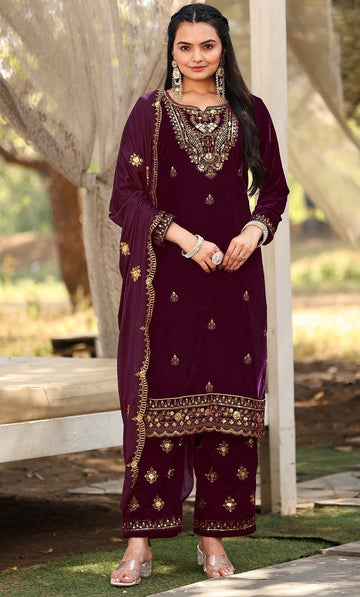 Tasteful Wine Color Velvet Fabric Designer Suit