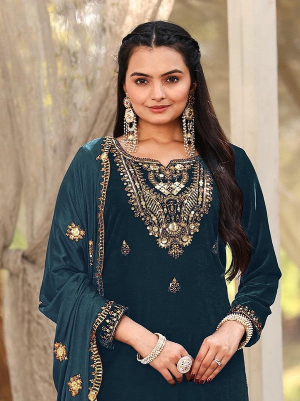 Tasteful Teal Color Velvet Fabric Designer Suit