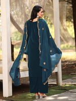 Tasteful Teal Color Velvet Fabric Designer Suit