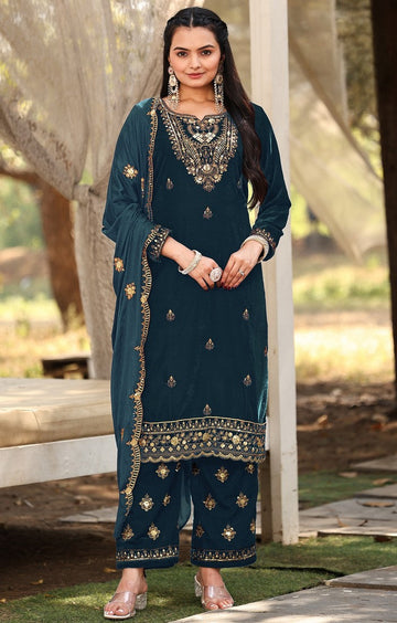 Tasteful Teal Color Velvet Fabric Designer Suit
