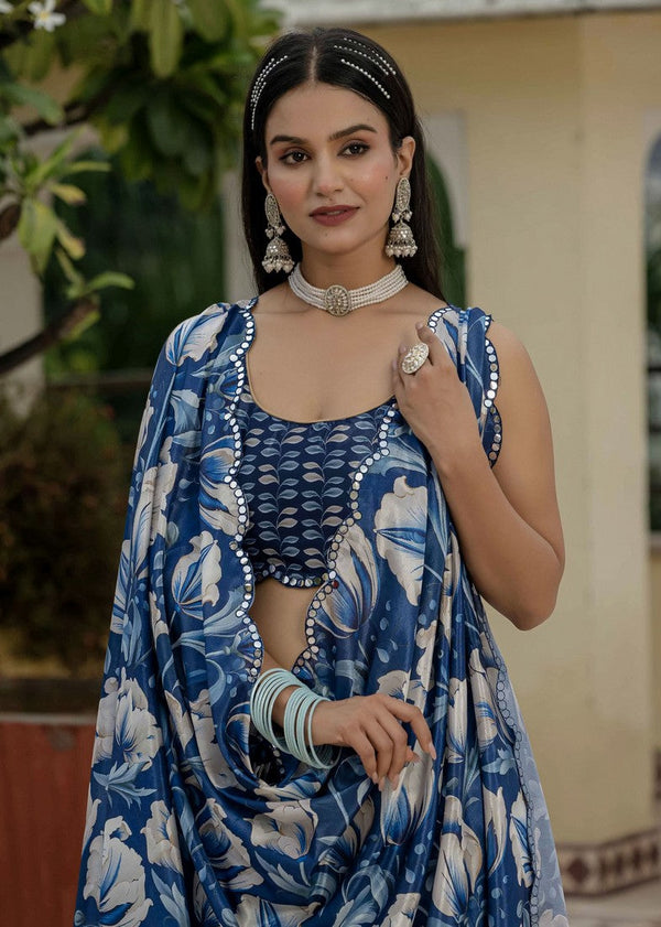 Beautiful Blue Color Chinon Fabric Casual Saree
