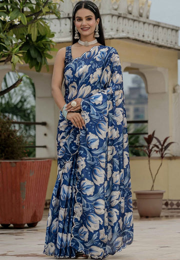 Beautiful Blue Color Chinon Fabric Casual Saree