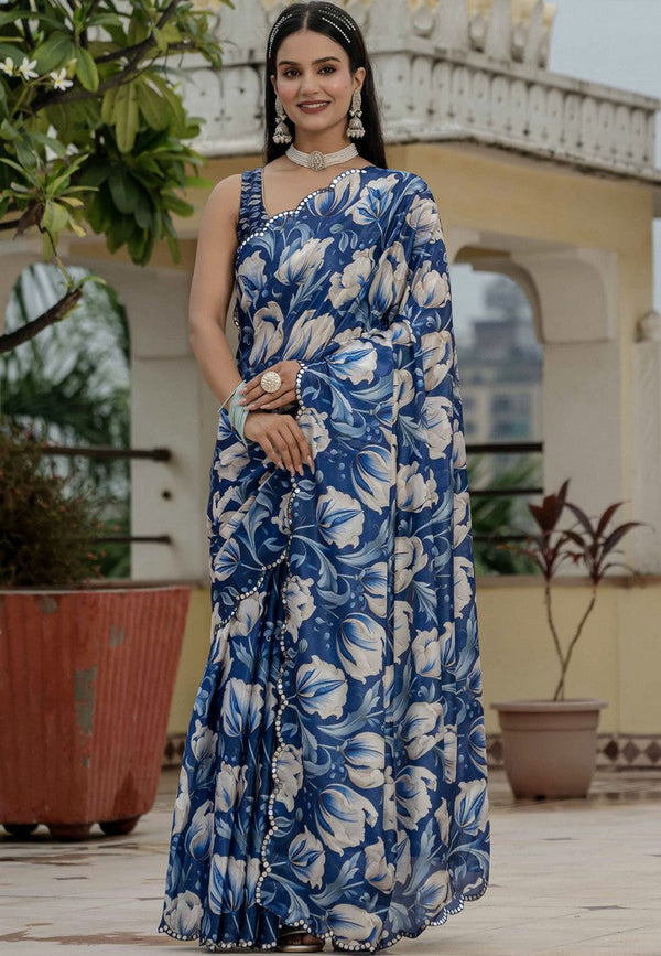 Beautiful Blue Color Chinon Fabric Casual Saree