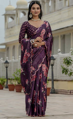 Beautiful Wine Color Chinon Fabric Casual Saree