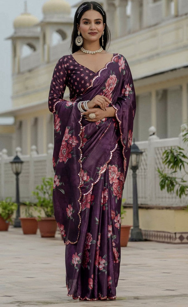 Beautiful Wine Color Chinon Fabric Casual Saree