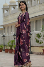 Beautiful Wine Color Chinon Fabric Casual Saree