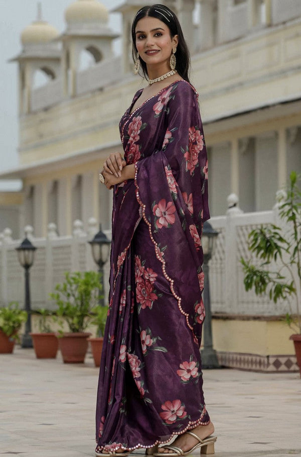 Beautiful Wine Color Chinon Fabric Casual Saree