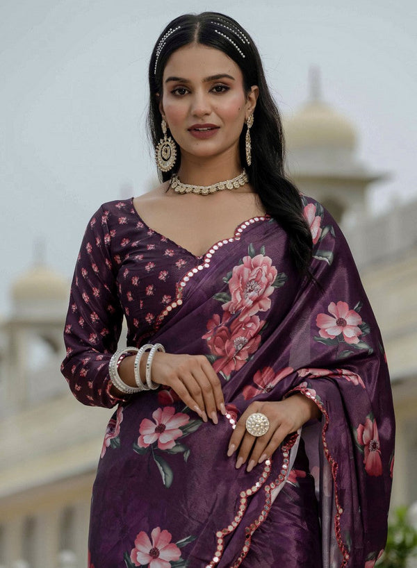 Beautiful Wine Color Chinon Fabric Casual Saree