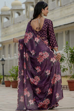 Beautiful Wine Color Chinon Fabric Casual Saree