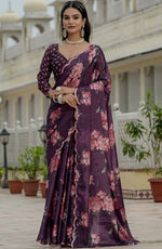 Beautiful Wine Color Chinon Fabric Casual Saree