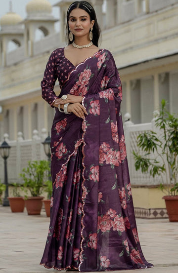 Beautiful Wine Color Chinon Fabric Casual Saree