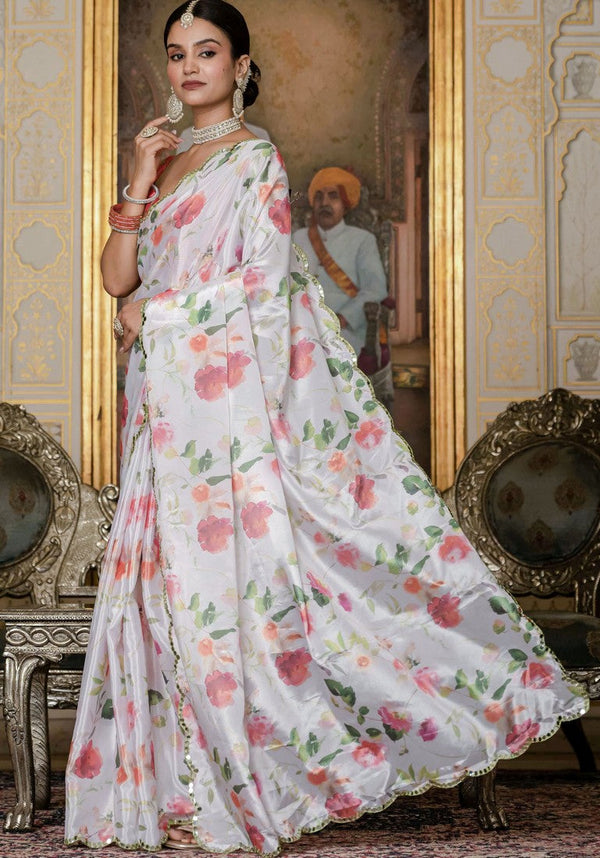 Beautiful White Color Chinon Fabric Casual Saree