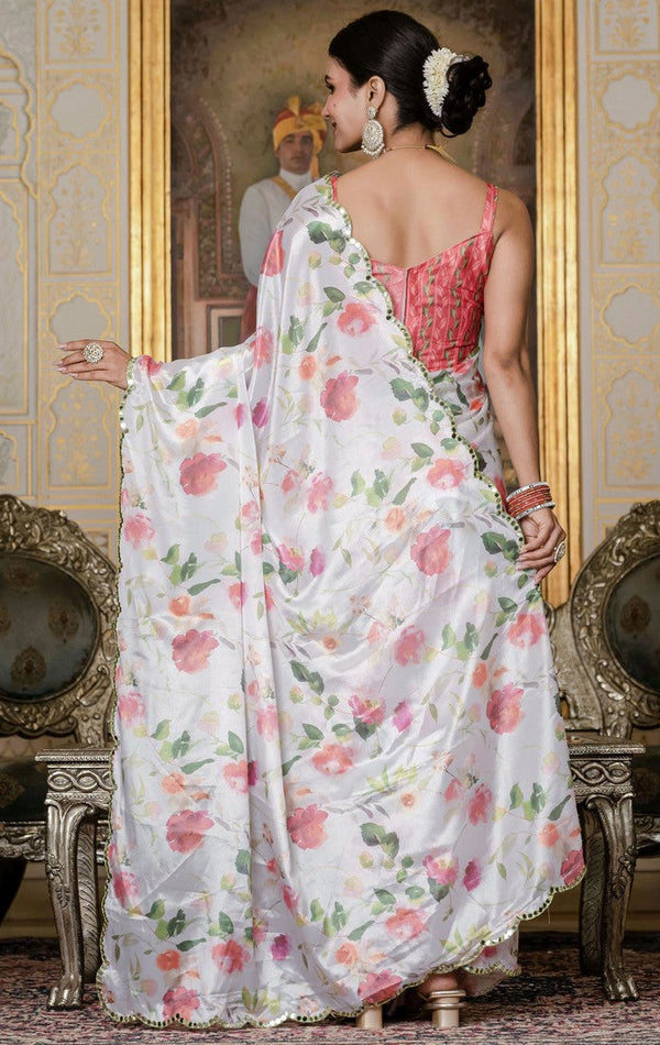 Beautiful White Color Chinon Fabric Casual Saree