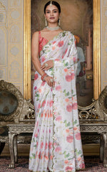 Beautiful White Color Chinon Fabric Casual Saree
