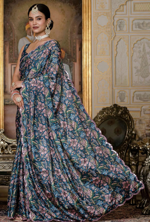 Beautiful Green Color Chinon Fabric Casual Saree