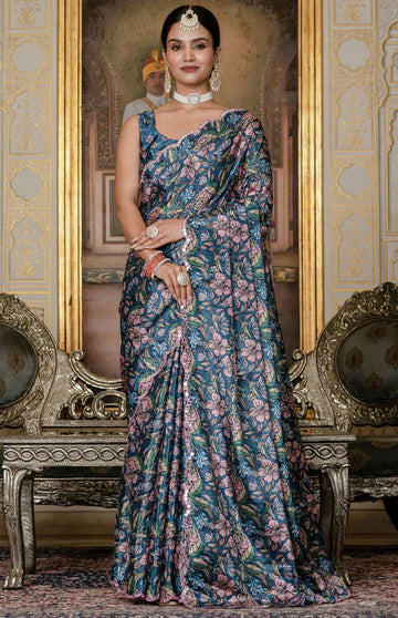 Beautiful Green Color Chinon Fabric Casual Saree