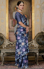 Beautiful Navy Blue Color Chinon Fabric Casual Saree