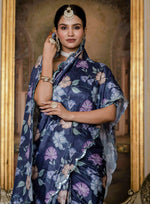 Beautiful Navy Blue Color Chinon Fabric Casual Saree