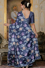Beautiful Navy Blue Color Chinon Fabric Casual Saree