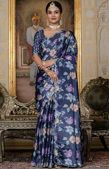 Beautiful Navy Blue Color Chinon Fabric Casual Saree