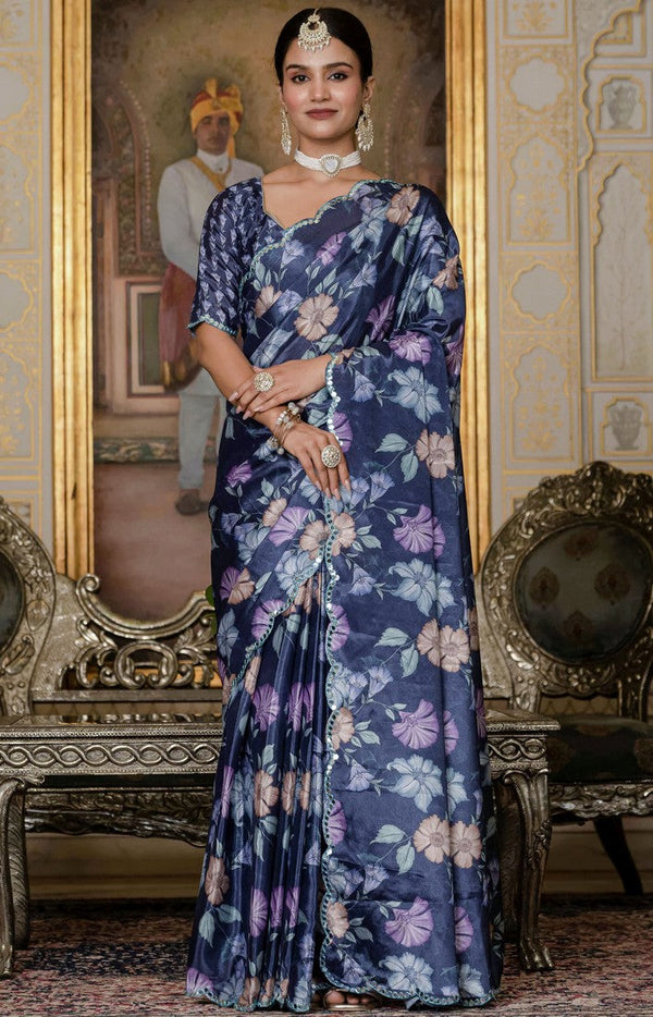 Beautiful Navy Blue Color Chinon Fabric Casual Saree