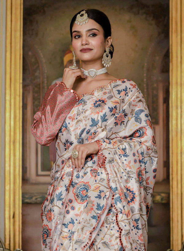 Beautiful Cream Color Chinon Fabric Casual Saree