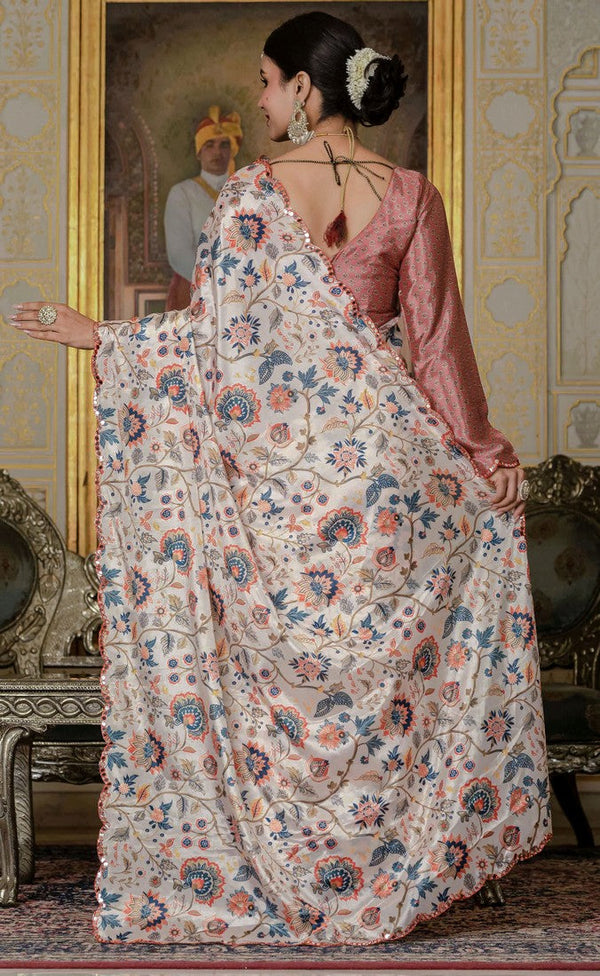 Beautiful Cream Color Chinon Fabric Casual Saree