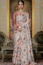 Beautiful Cream Color Chinon Fabric Casual Saree