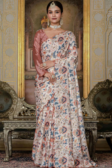 Beautiful Cream Color Chinon Fabric Casual Saree