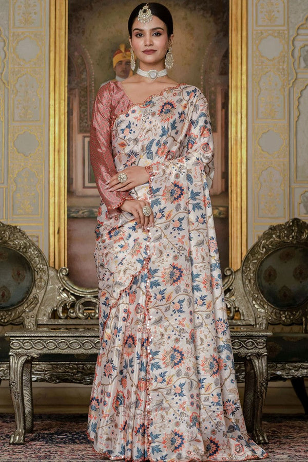 Beautiful Cream Color Chinon Fabric Casual Saree