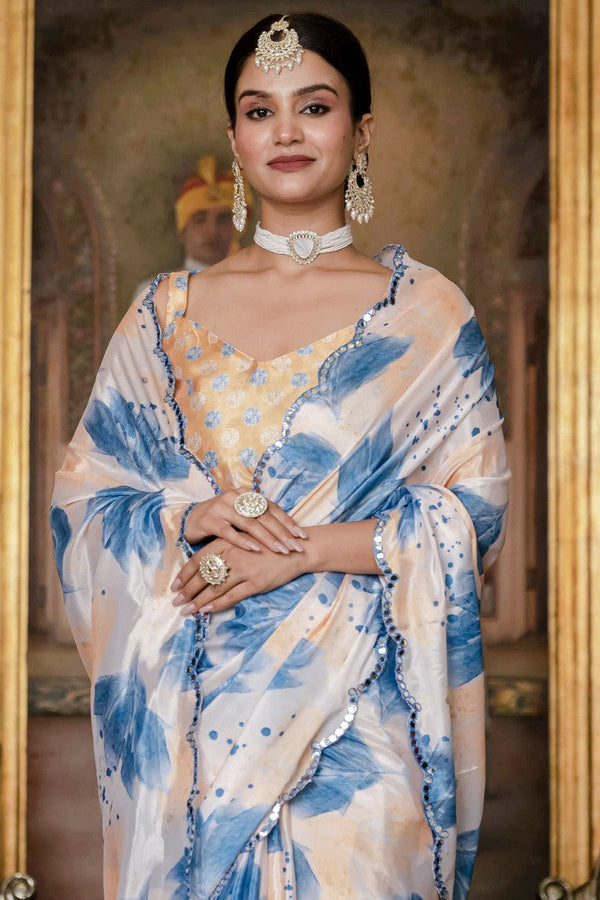 Beautiful Cream Color Chinon Fabric Casual Saree