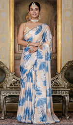 Beautiful Cream Color Chinon Fabric Casual Saree