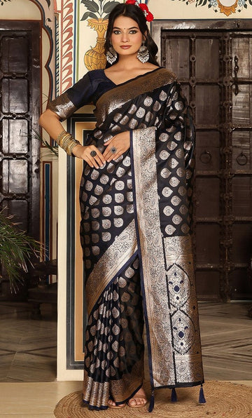 Beautiful Navy Blue Color Silk Fabric Partywear Saree