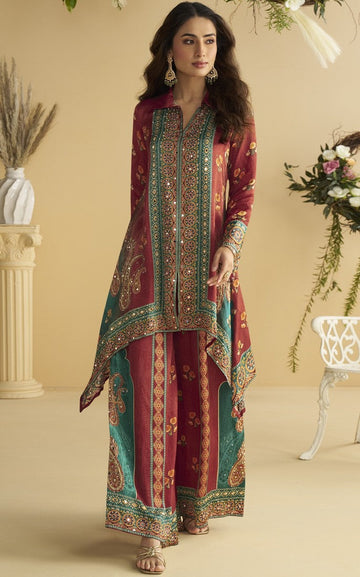 Superb Maroon Color Crepe Fabric Cord Set