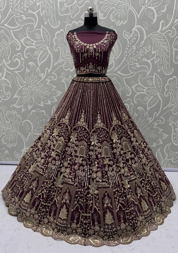 Charming Wine Color Net Fabric Party Wear Lehenga