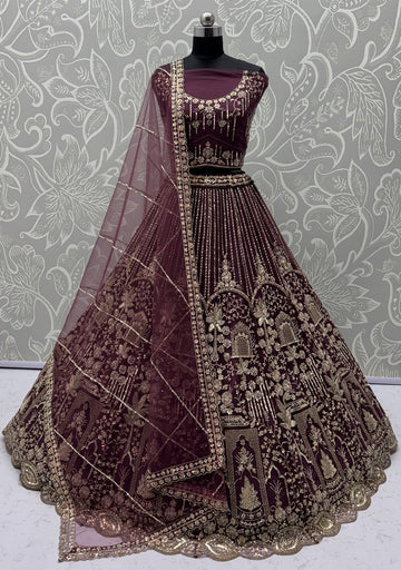 Charming Wine Color Net Fabric Party Wear Lehenga