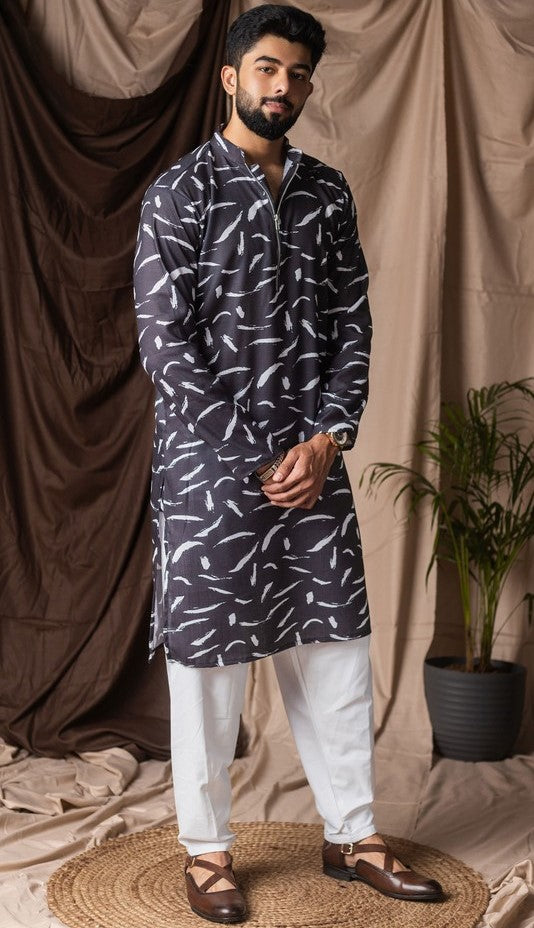Amazing Black Color Linen Fabric Kurta Pajama